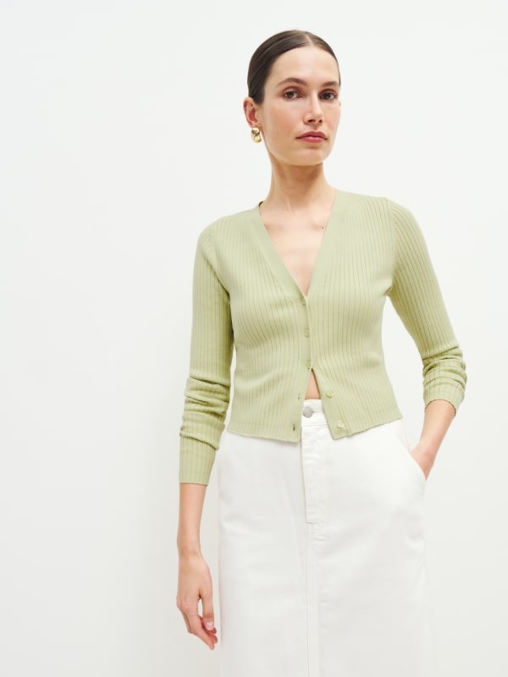 Reformation Gilda Ribbed V-Neck Cardigan – Eucalyptus Green – Size Medium - Picture 6 of 8